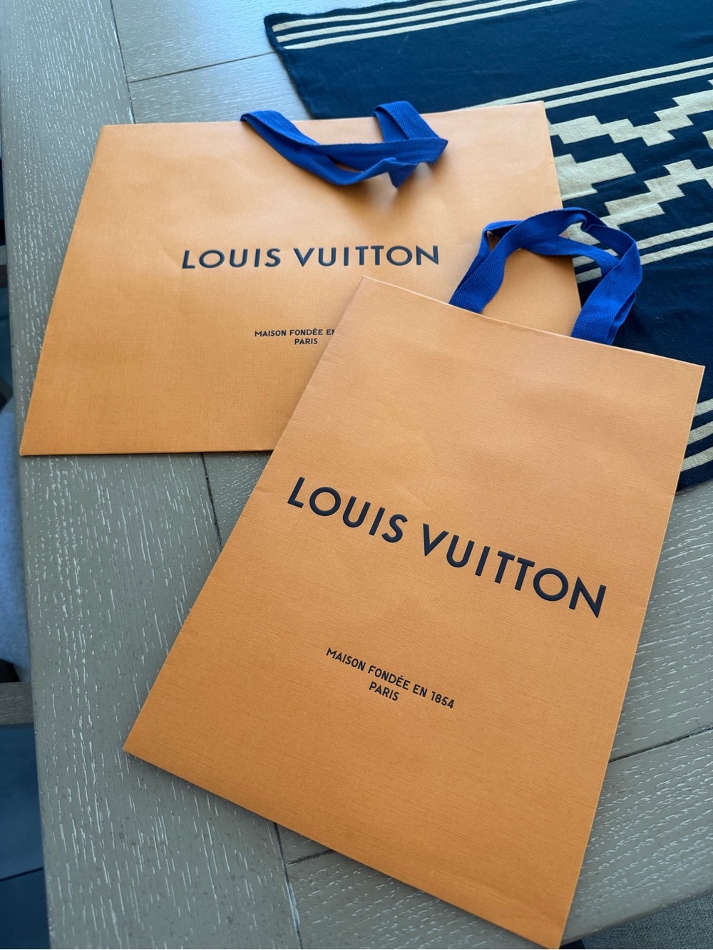Louis Vuitton Orange Paper Shopping Bags with Blue Ribbon Handles